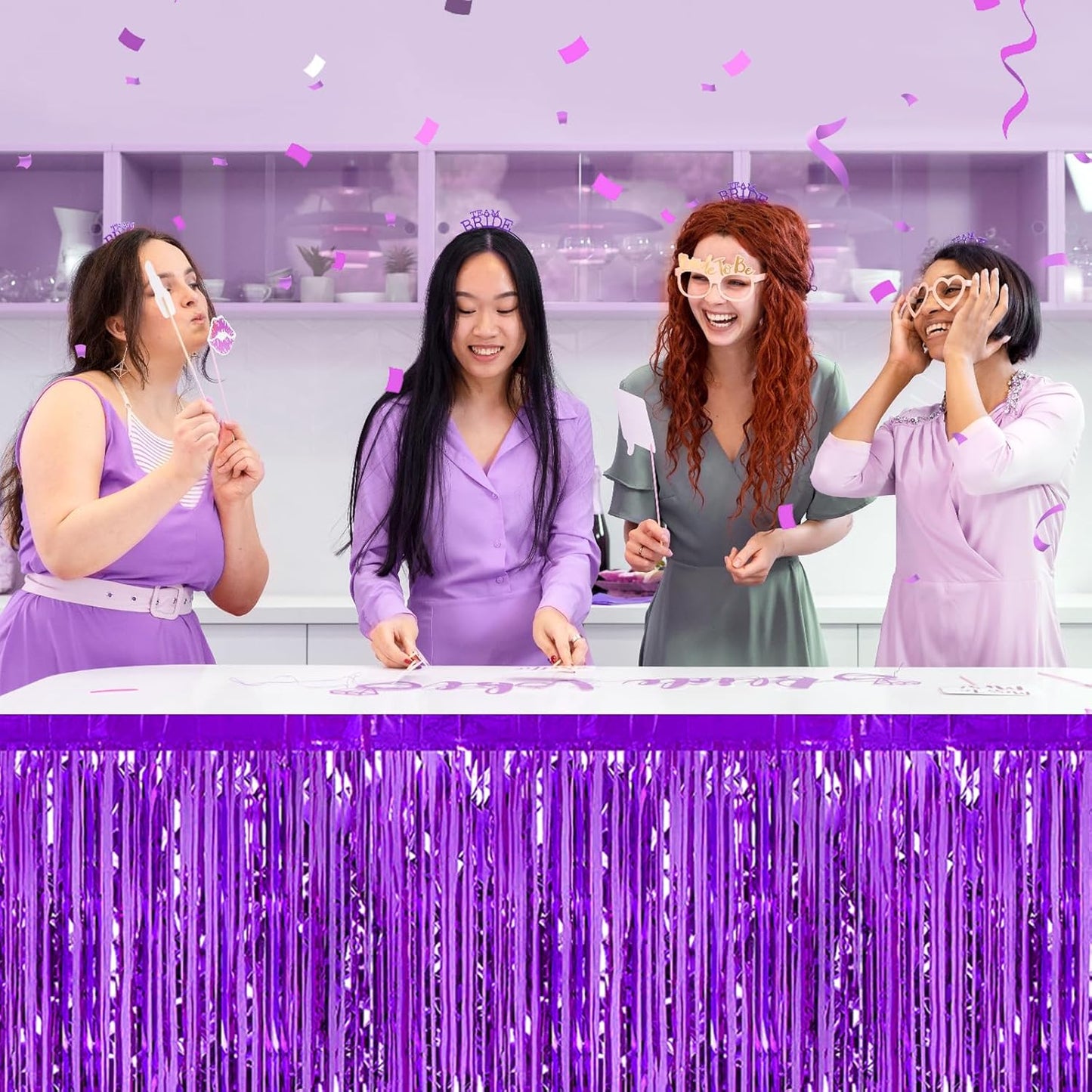 3 Pack 29 x108 Inch Purple Foil Fringe Table Skirts Metallic Banner for Tinsel Streamer Garland Backdrop for Parade Floats Wedding Thanksgiving Birthday Christmas Halloween New Year Party Decoration
