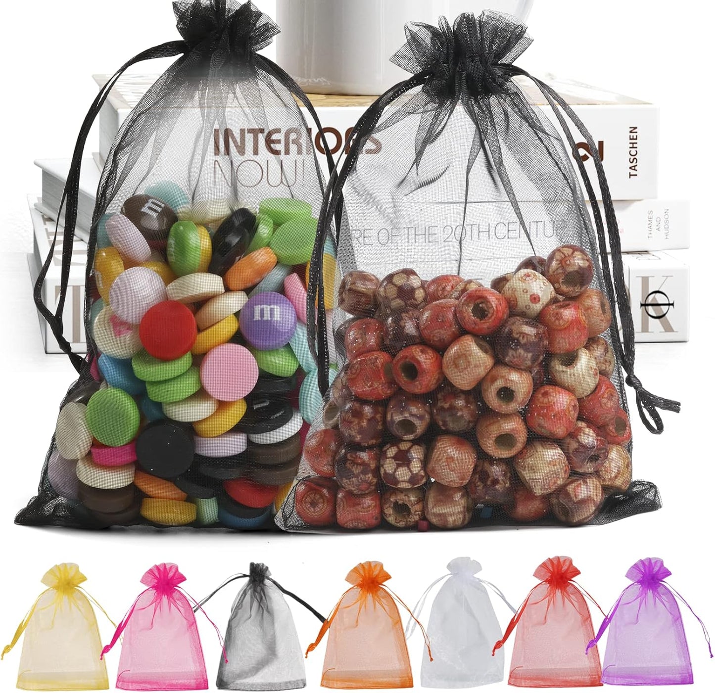 ANZNKU 100 Pack Premium Organza Bags, Black Drawstring Wedding Favor, 4x6 Inches Small Mesh for Halloween, Jewelry, Party, Christmas - Sheer Gift