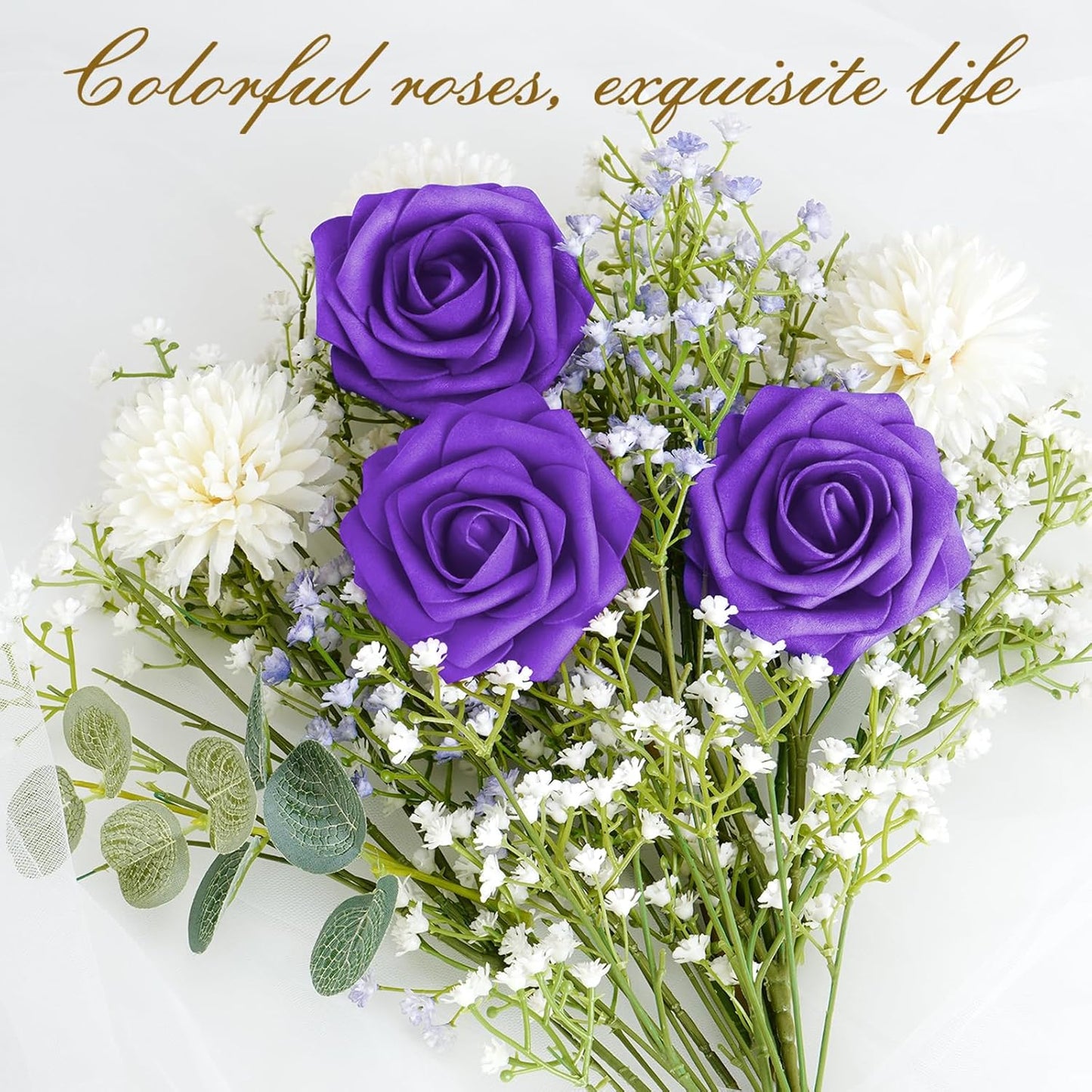 BLEUM CADE 36Pcs Artificial Flowers Fake Roses with Stems, Deep Purple Boxed Foam Roses for DIY Bouquets Centerpieces Wedding Party Arrangement Bridal Shower Decor