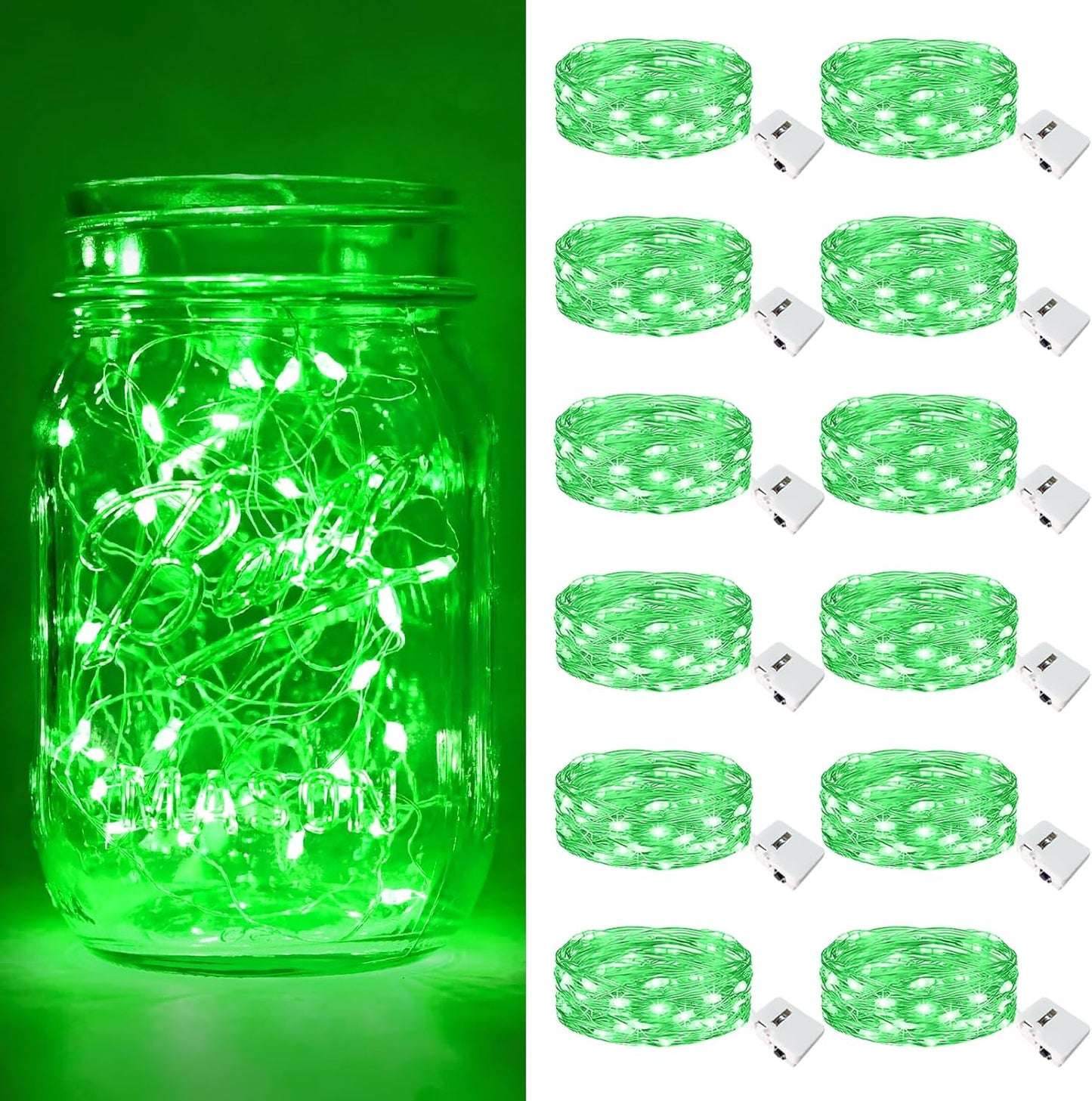 btfarm 12 Pack Fairy Lights Battery Operated [3 Modes], 7ft 20 Led Twinkle Lights String Lights Waterproof Bulk Small Mini Silver Wire for Mason Jars Vases Wedding Table Centerpiece, Green