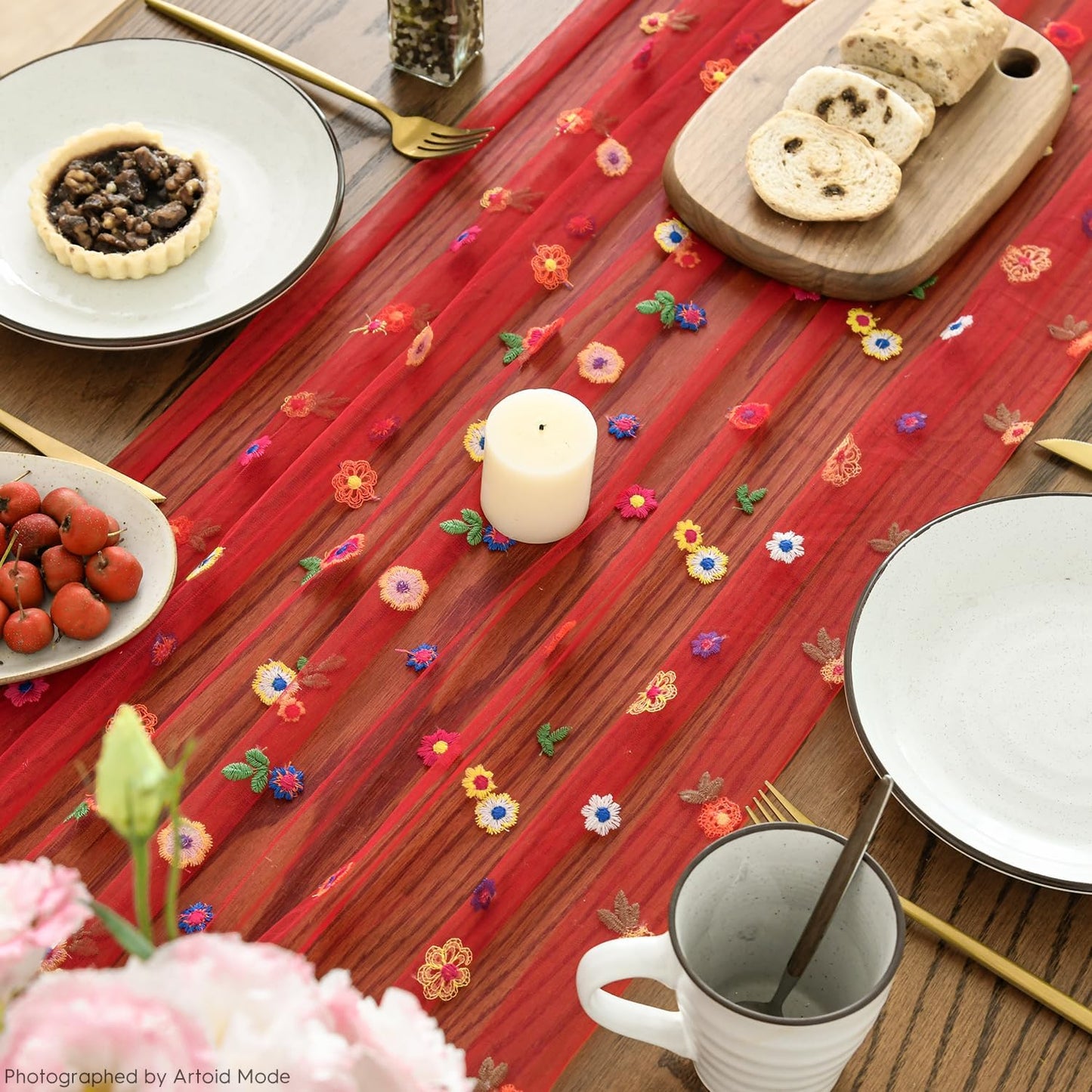 Artoid Mode Red Embroidery Daisy Gauze Table Runner 120 Inch 10FT, Seasonal Sheer Kitchen Dining Holiday Wedding Birthday Table Decor for Home Party
