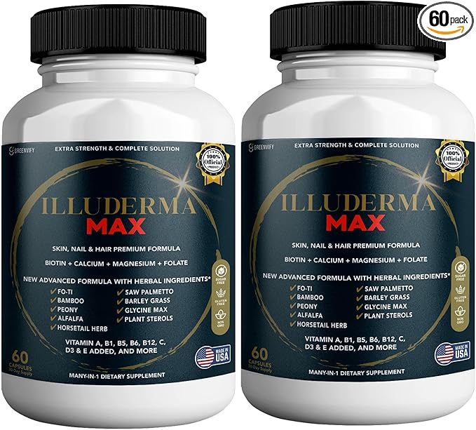 Illuderma Max Hair, Skin and Nail Supplement, 60 Capsules, with Biotin 5000mcg, Vitamins and Herbal Blend (2)
