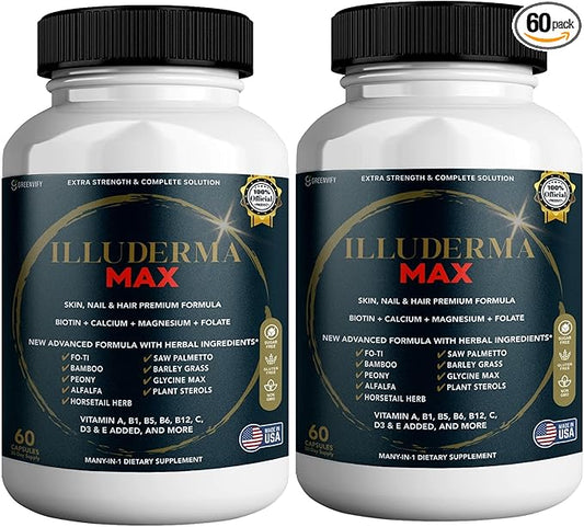 Illuderma Max Hair, Skin and Nail Supplement, 60 Capsules, with Biotin 5000mcg, Vitamins and Herbal Blend (2)