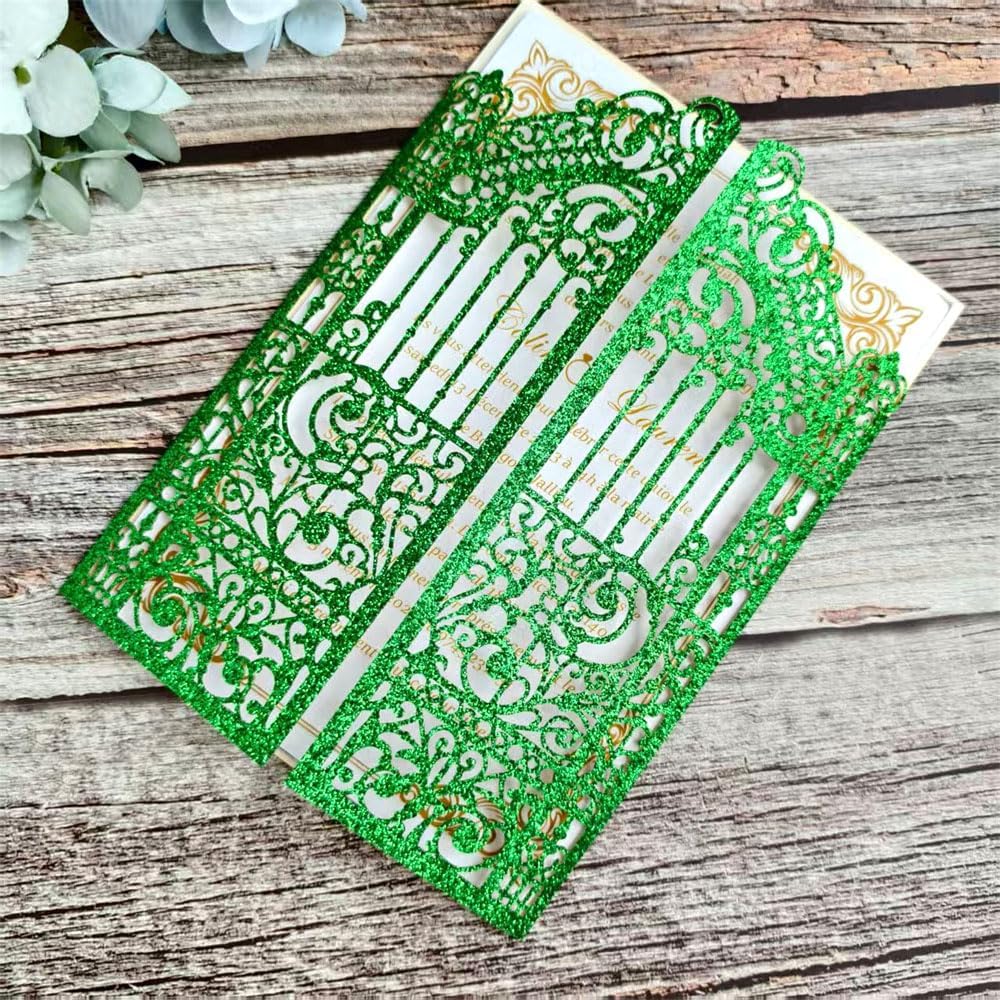 MillaSaw Glitter Green Gate Invitation Sleeve, Laser Cut Catle Invitation For Quinceanera Ball Wedding Bridal Shower Valentine Birthday Christmas 25 Sets (green glitter, 4.9"x7.1")