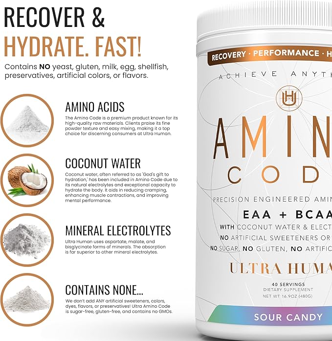 Ultra Human Amino Code | Essential Amino Acids + BCAAs + Coconut Water Electrolytes | Fast Hydration Workout Recovery Flavored Amino Energy Powder Drink | Clean Formula, 40 Servings - Sour Candy