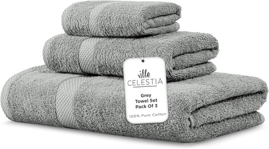 100% Combed Cotton Bathroom Towel Set of 3- 1 Bath Towel, 1 Hand Towel, 1 Wash Cloth, Sustainable, Soft, Highly Absorbent 3 Piece Cotton Bath Towel Set Ideal for Hotels, Spa, Bathroom, Dorm, Grey