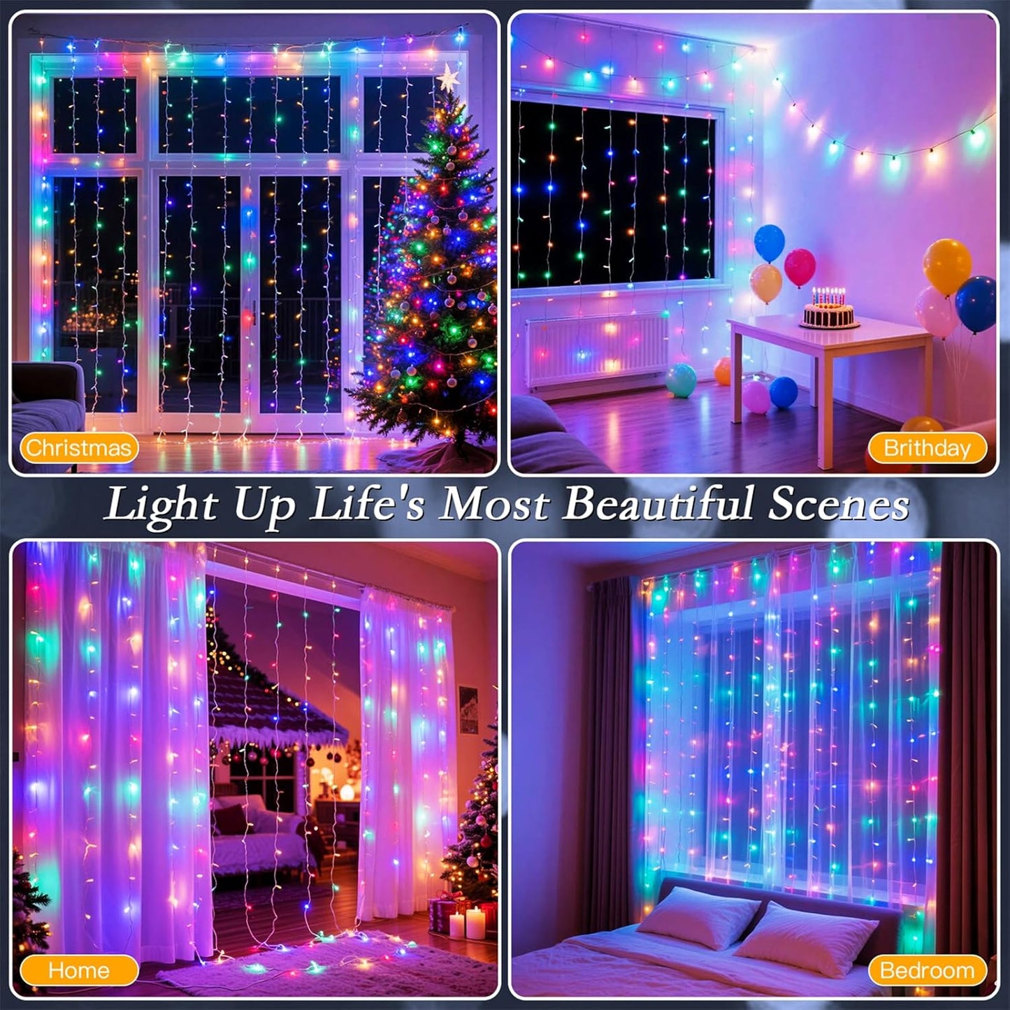 300 LED Rainbow Curtain String Lights 9.8 * 9.8FT Plug in Fairy with Timer and 8 Modes, Waterproof Window Wall Lights for Bedroom Wedding Party Indoor Outdoor Christmas Decor