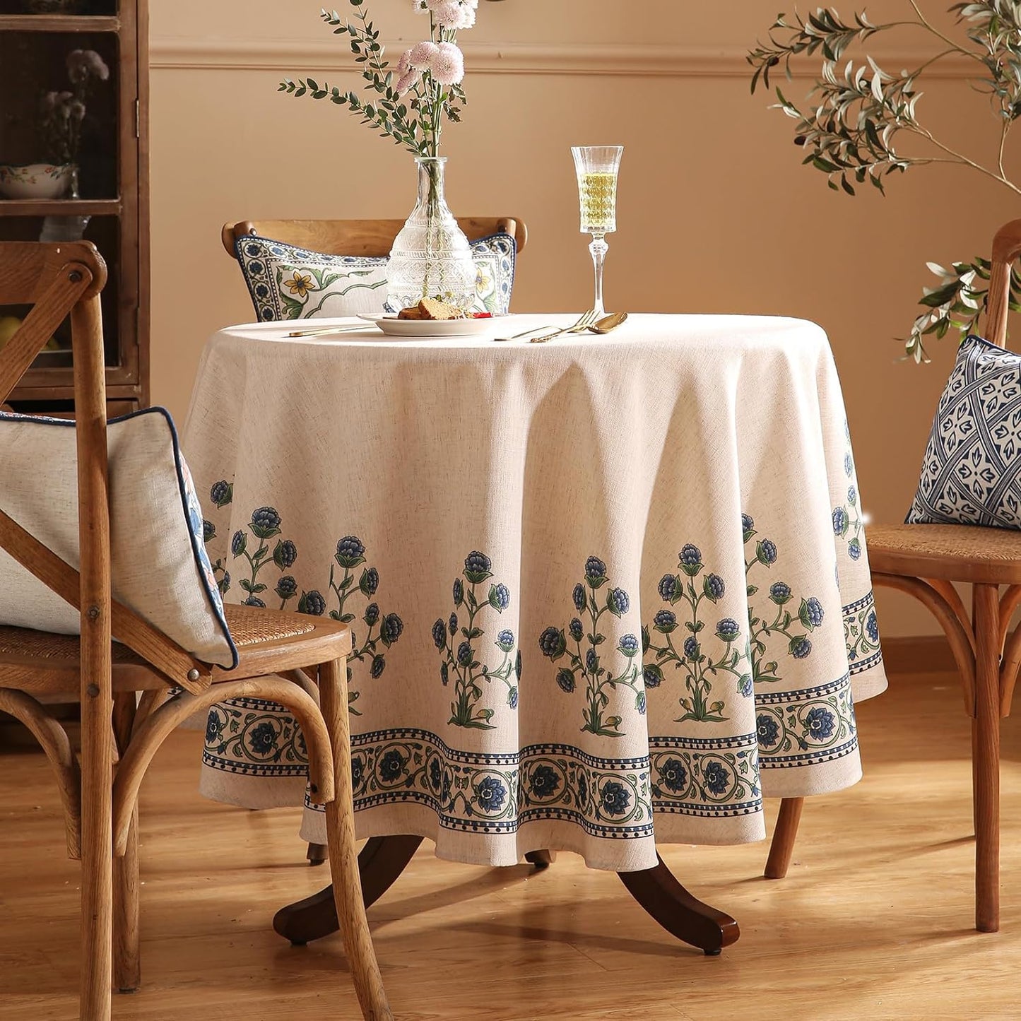 patdrea Designer Blue Small Tablecloth for Round Table,Linen Leaves Pattern Anti-Wrinkle Floral Tablecloths,Farmhouse Floral Table Cover Decor for Kitchen Dining,Thanksgiving,Diameter 55"-Ivar B