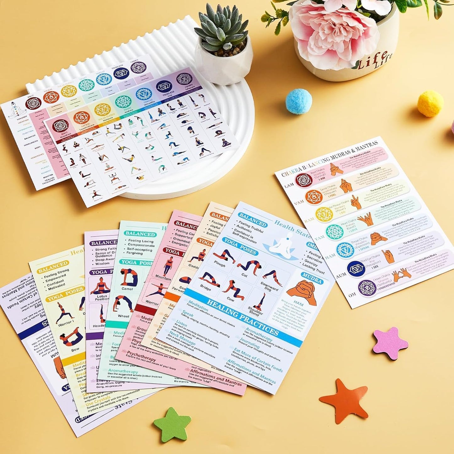 10 Pcs Chakra Cards Quick Reference Guide for Chakra Healing with Meditation Yoga Poses, Crystals, Essential Oils, Affirmations Summary Spiritual Day Gift for Her Him, Beginner Friendly