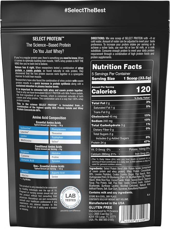PEScience Select Protein Powder, Whey and Casein Blend, Clean Protein Powder for Women and Men, Low Calorie, Low Carb, Keto Friendly, Gluten Free, Cookies and Cream, 5 Servings