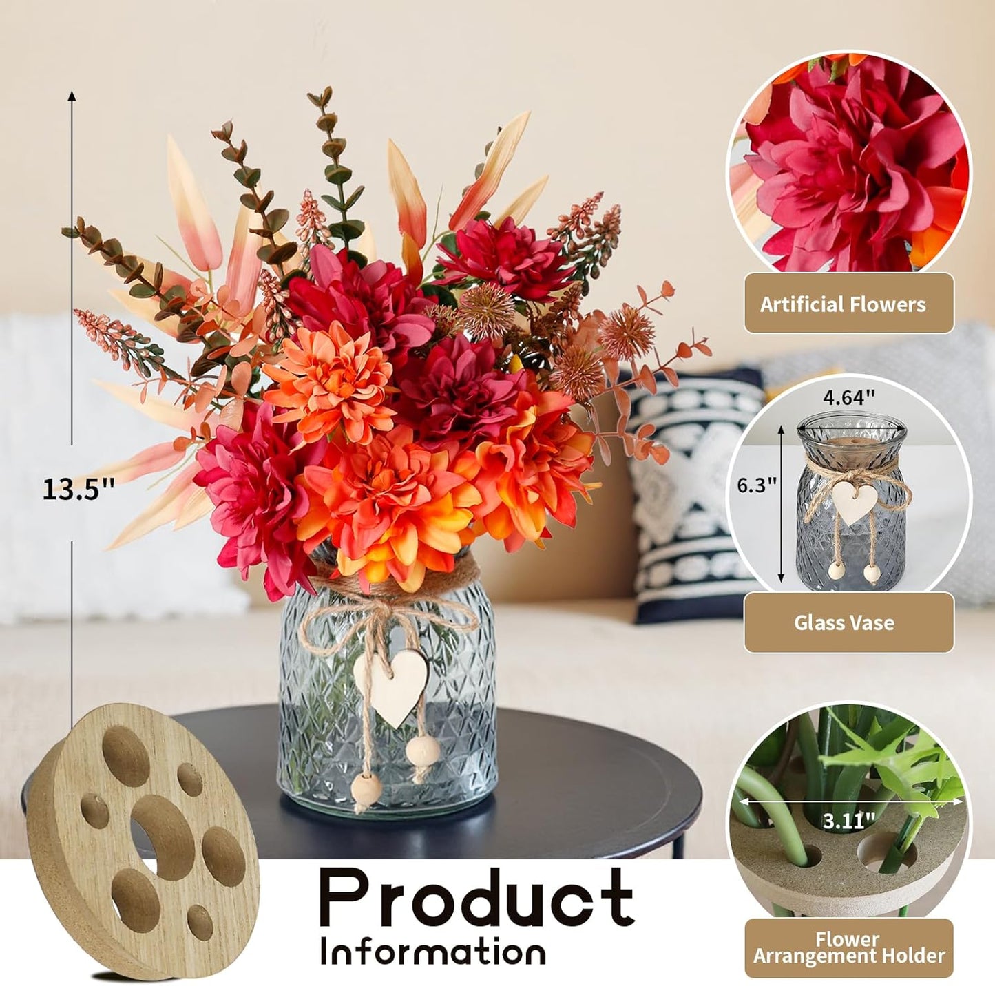 Fake Fall Flowers in Vase,Faux Flowers in Vase,Fall Floral Arrangement,Fall Centerpieces for Tables,Artificial Flowers,Kitchen Decor,Coffee Table Decor