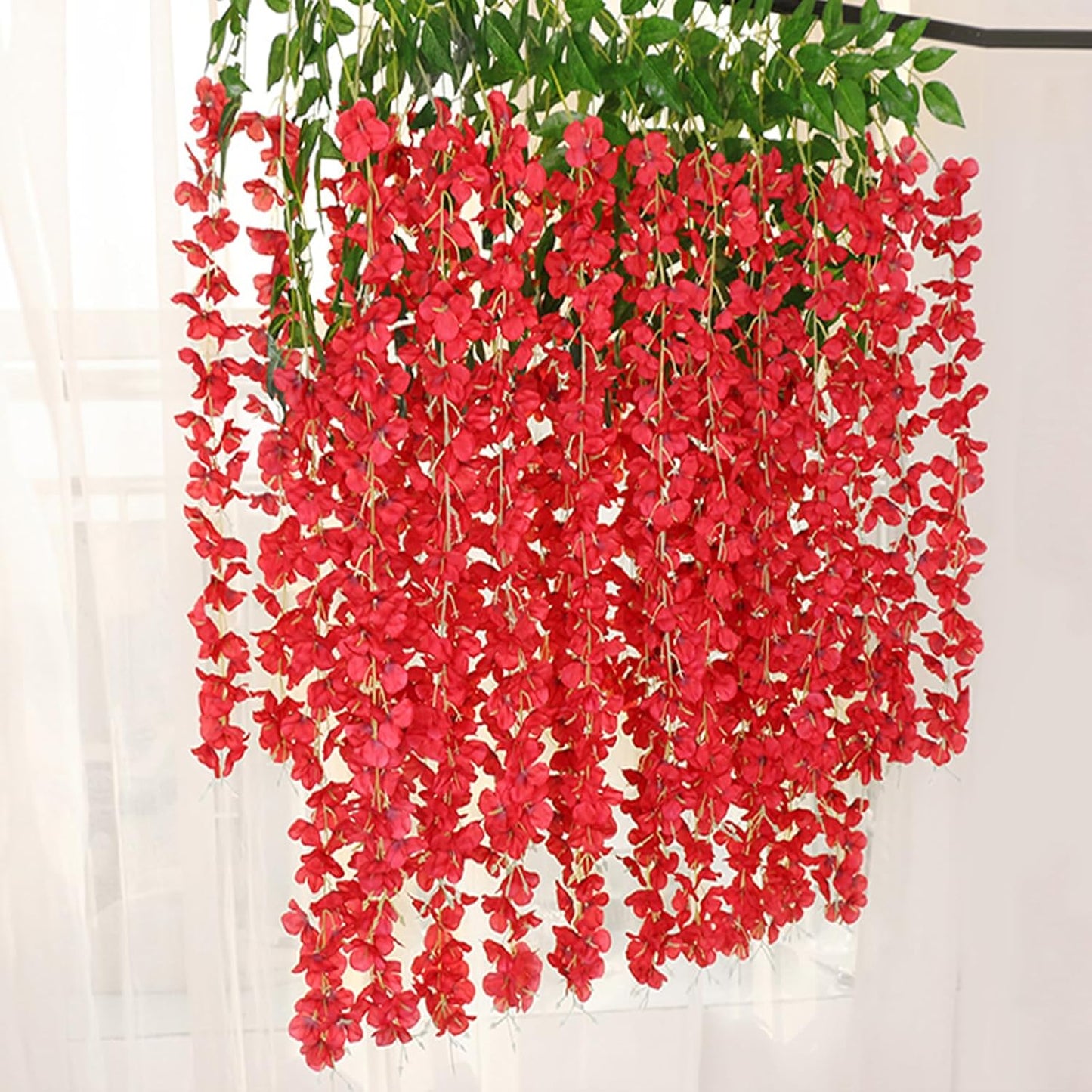 12 Pack Red Wisteria Hanging Flowers Garland, 3.77 Feet Artificial Flower Vines, Fake Wisteria, Artificial Vines Hanging Garland for Backdrop Outdoor Yard Garden Decor