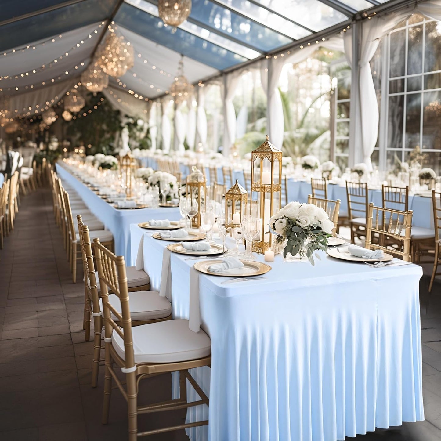 Wish Care 2 Pack Baby Blue Spandex Table Clothes for 8 Foot Rectangle Tables, 8FT Wrinkle Free Fitted Tablecloths Ruffles Design Table Cover for Party, Banquet, Wedding and Events