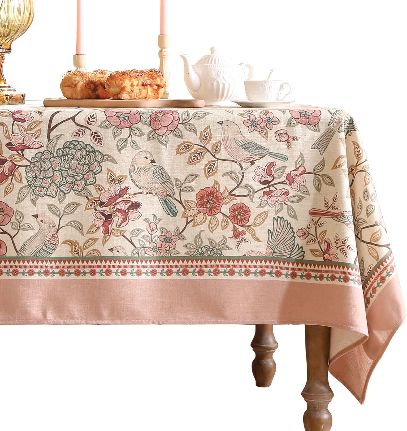 patdrea Designer Pink Linen Table Cloth for Rectangle Table,Vintage Floral with Birds Pattern Decorative Tablcloth,French Table Cover for Kitchen Dining,Thanksgiving,Christmas,55"x87"-Kulom a