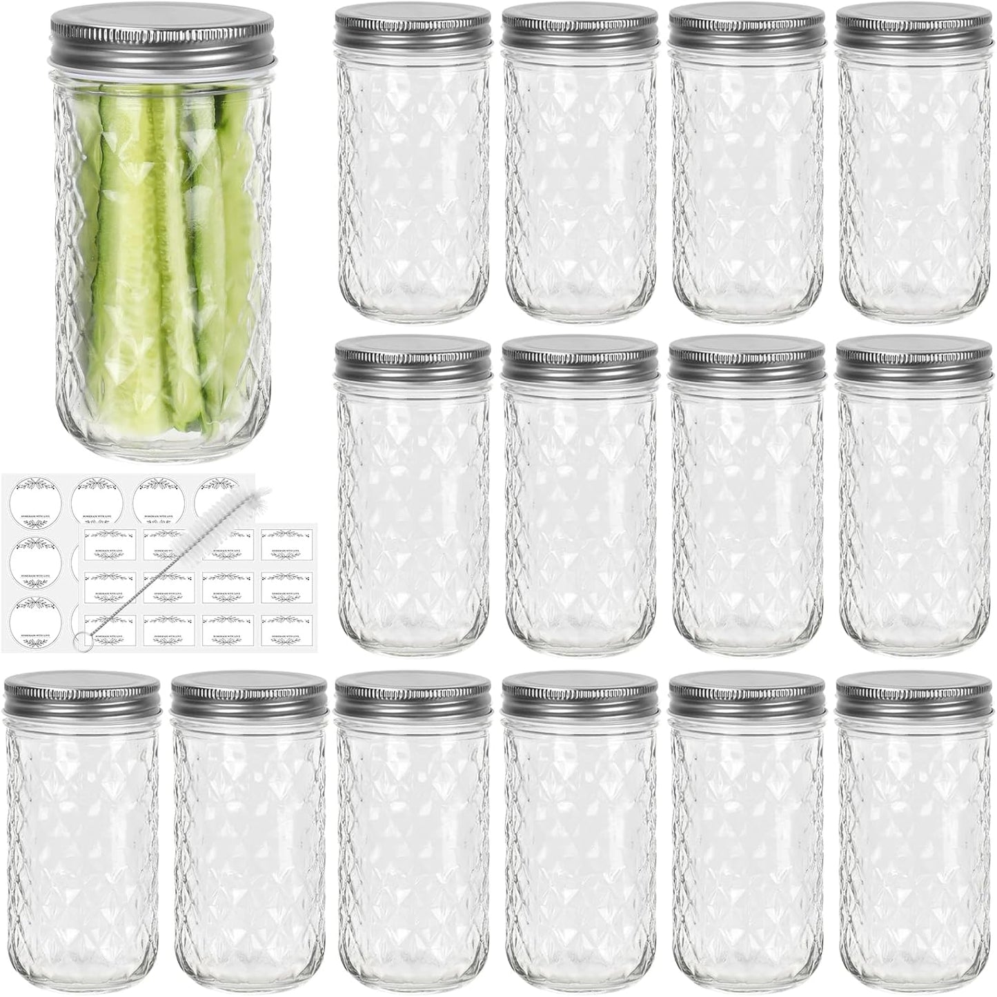 CycleMore 15 Pcs 12oz Mason Jars With One Piece Silver Metal Lids, Canning Jars Glass Regular Mouth Jar for Honey, Jam, Jelly, Wedding Favors, Kitchen Food Storage