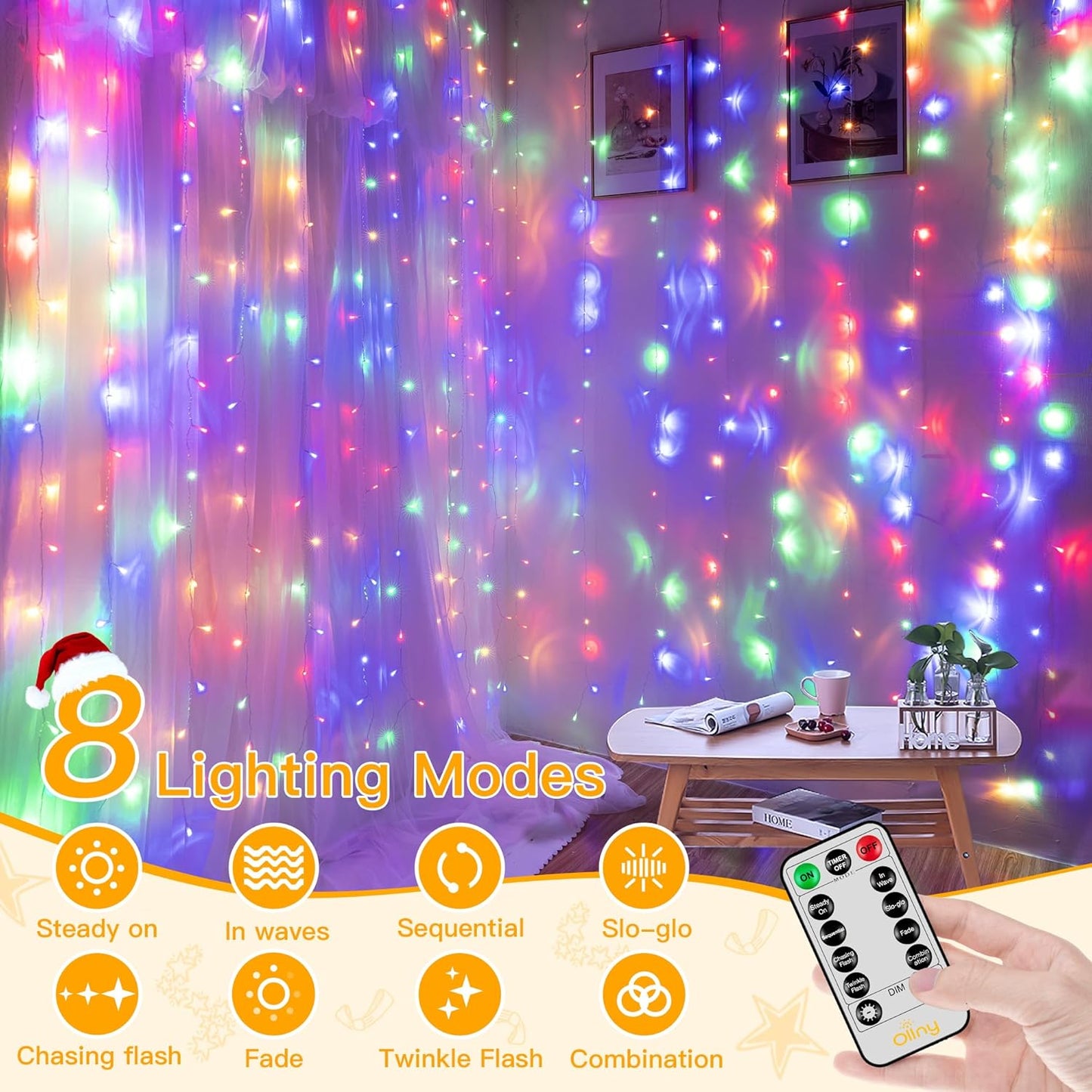 Ollny Curtain Lights 200LED 6.6x6.6ft, USB Multicolor Christmas Curtain Lights with Remote 8 Modes Timer, Waterproof String Lights for Bedroom Backdrop Window Indoor Outdoor