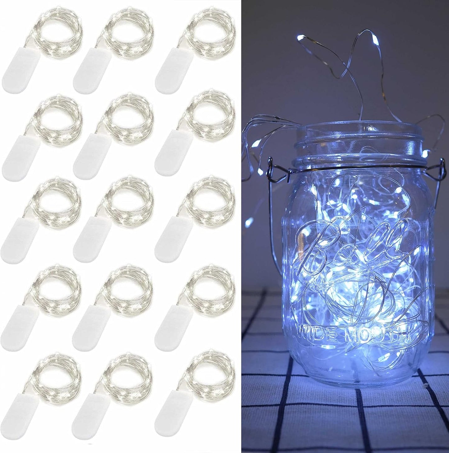 15 Pack Fairy Lights Battery Operated, 6.6ft 20 LED Mason Jar Lights Silver Wire Waterproof Firefly Mini Led String Lights for Table Party Wedding Centerpiece DIY Crafts Christmas Decor
