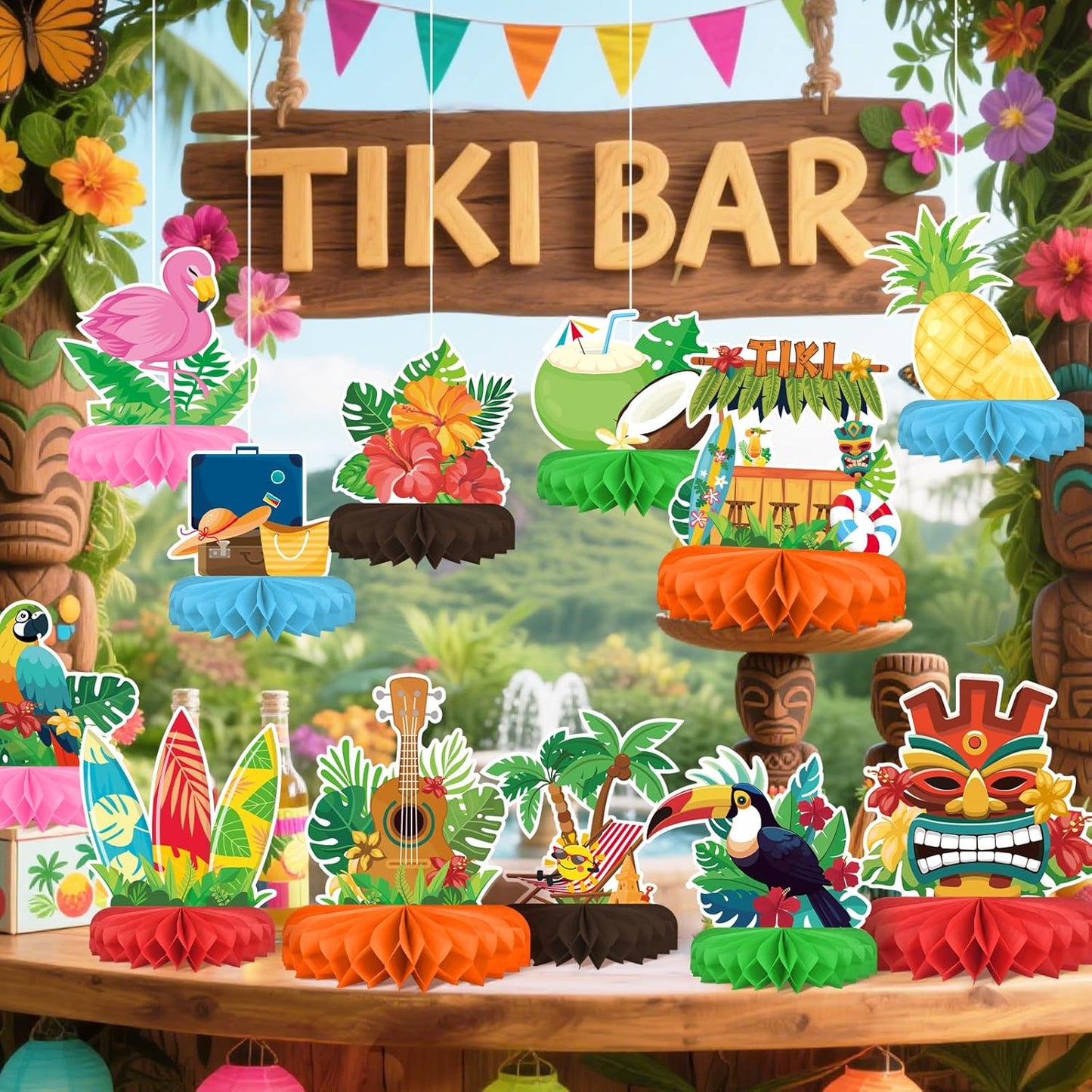 Hawaiian Luau Party Decorations Set: Aloha Theme Table Decoration with Luau Honeycomb Centerpiece for Tiki and Luau Hawaiian Party Supplies