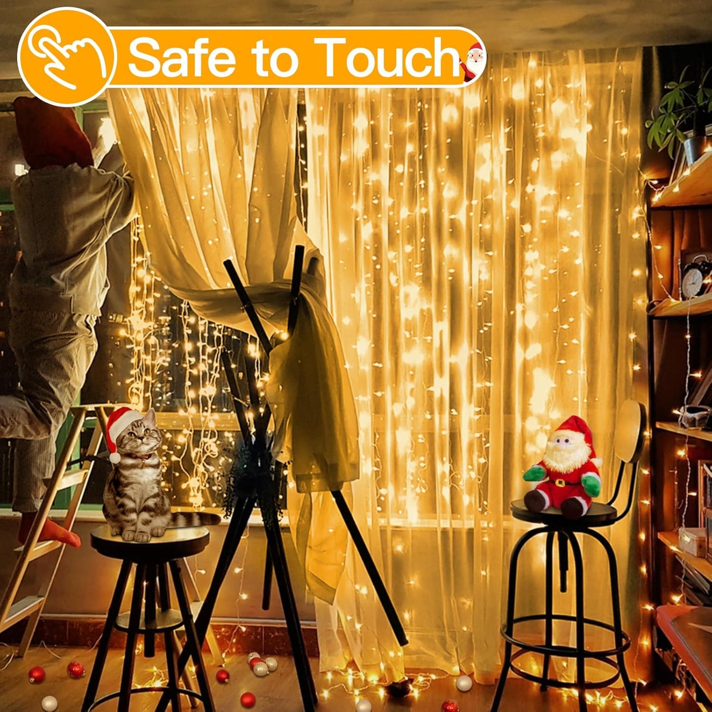 Ollny Christmas Curtain Lights 300 LED 9.8 FTx9.8 FT, Outdoor Waterproof Curtain String Lights with Remote Timer 8 Modes, USB Waterfall Window Lights for Wall Backdrop Home Decorations (Warm White)