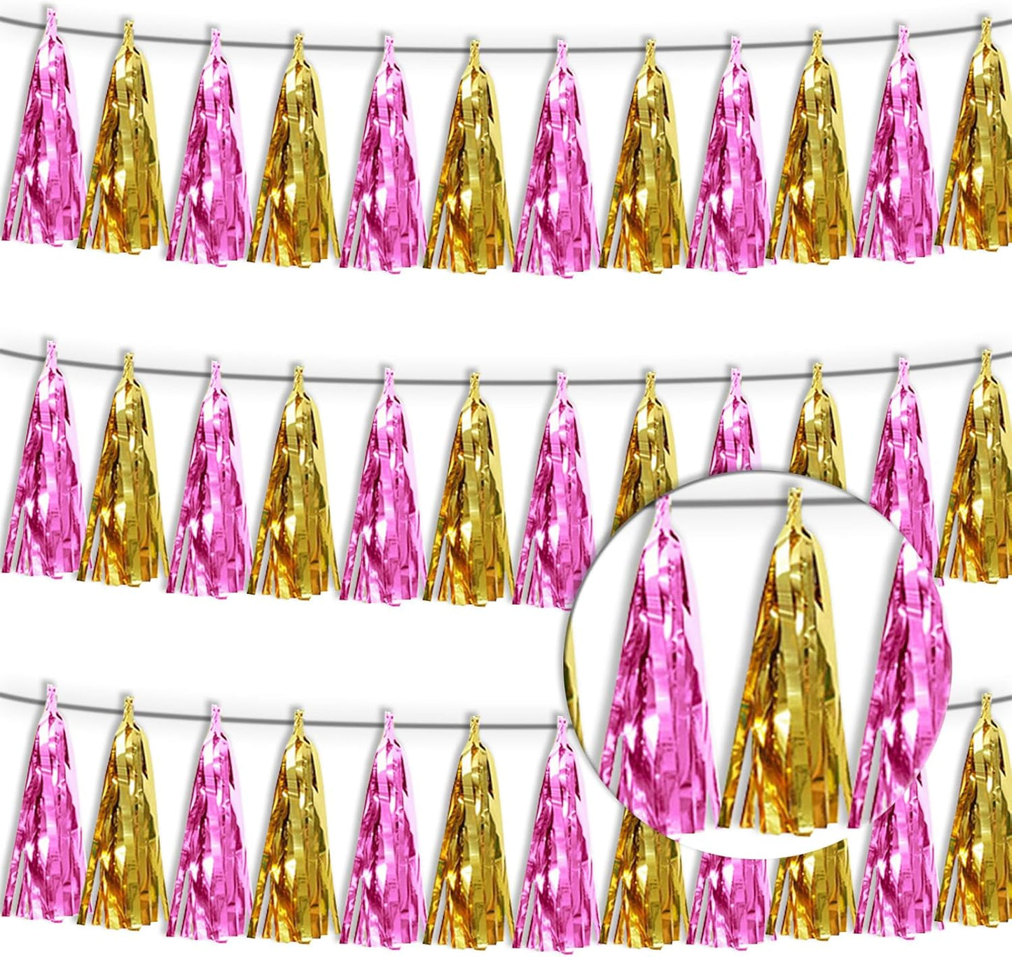 3P Gold Pink Metallic Fringe Tassel Banner Garland Foil Tinsel Streamer Wall Hanging Curtain Backdrop for Parade Floats, Graduation, Wedding, Bachelorette, Birthday, Retirement Party Decorations