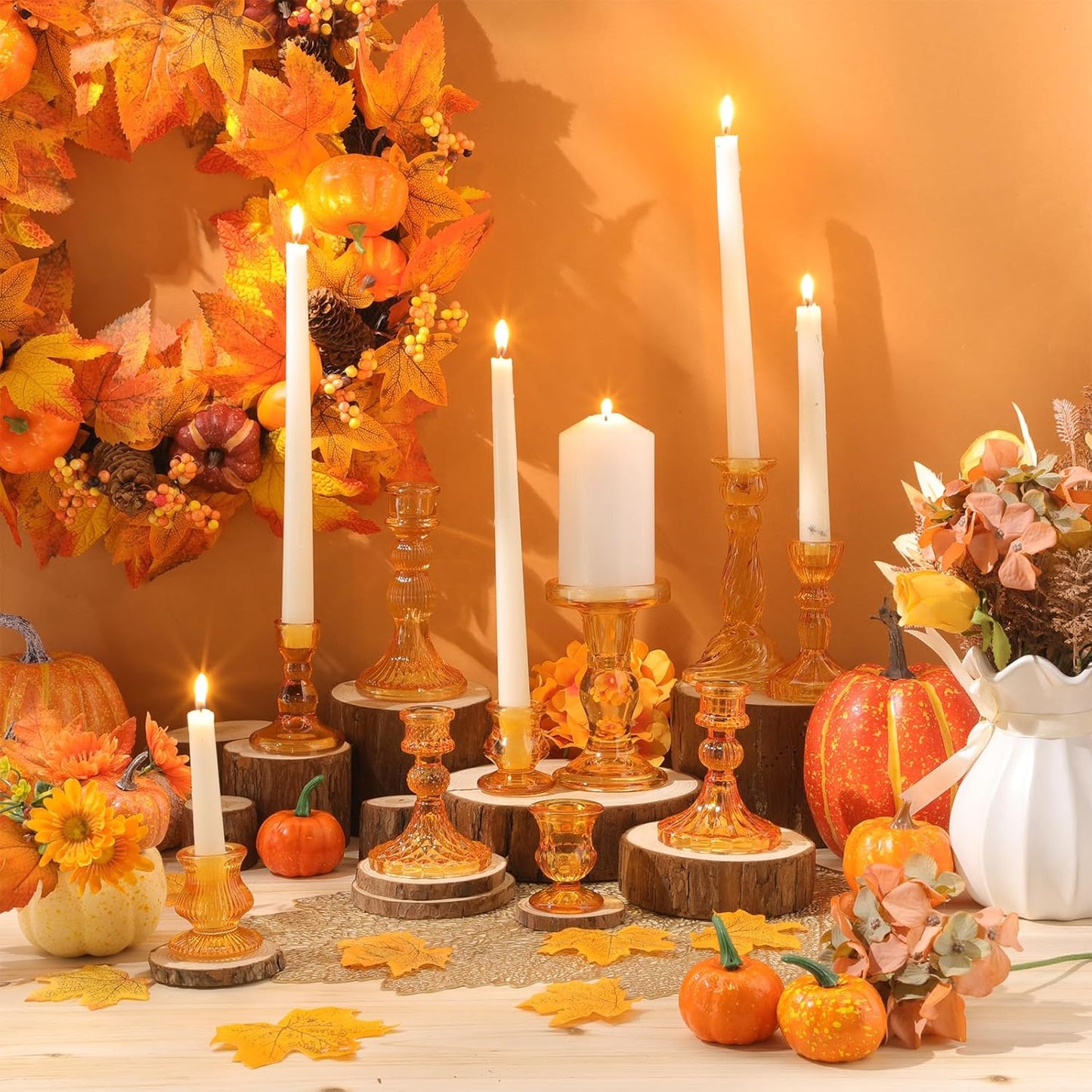 Mumufy 10 Pcs Glass Crystal Taper Candle Holders Clear Glass Candlestick Holder Fit 0.8 Inch Candles Crystal Decorative Candle Stand Centerpiece Table Wedding Dining Party (Classic,Orange)