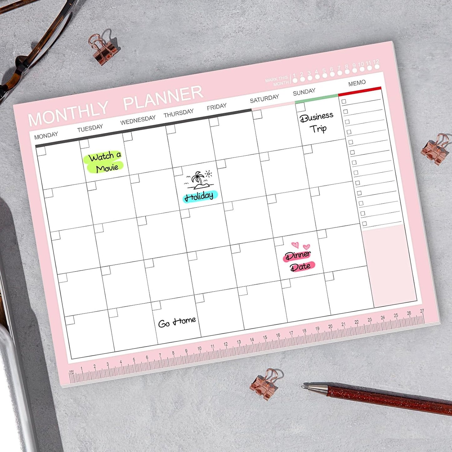 Phyxin Undated Planner, 54 Sheets Blank Calendar, 11.2" x 8.3" Monthly Calendar Planner, Tear Off Undated Monthly Planner with Memo for Women, Students, Teachers, Pink