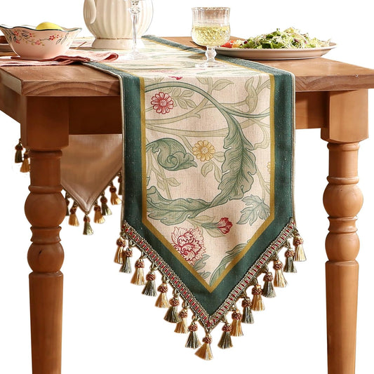 patdrea Designer Green Floral Table Runner,French Elegant Vibrant Rustic Linen with Green Leaves Patterns Fabric Table Mat,Decoration for Kitchen Dining Room Banquet Christmas,18"*87"