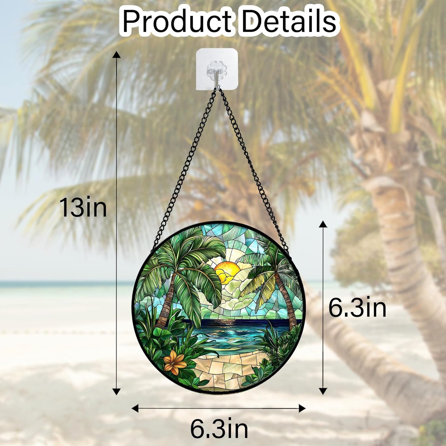 Stained Glass Window Hanging, Green Beach Scenery Suncatcher Diamond Glass Panel Hangings Sun Catchers Decor for Birthday for Women, Men, Wife, Aunt, and Mom 6.3 in
