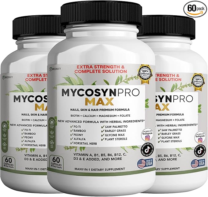 Mycosyn Pro Max Hair Skin Nails Supplement, 60 Capsules, 30 Day Supply, with Biotin 5000mcg, Vitamins A B C D E, Minerals (3)