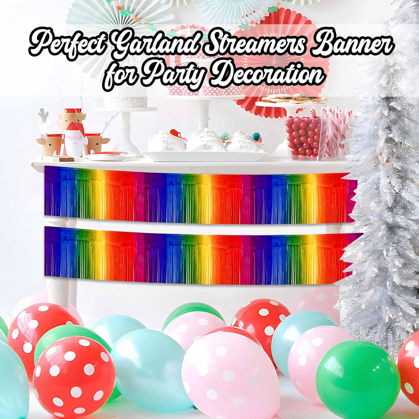 4 Pack 10 Ft Dark Rainbow Foil Fringe Garland Metallic Streamers Tinsel Banner Wall Hanging Garland Backdrop for Parade Floats, Halloween, Christmas, Thanksgiving, New Year Party Decorations