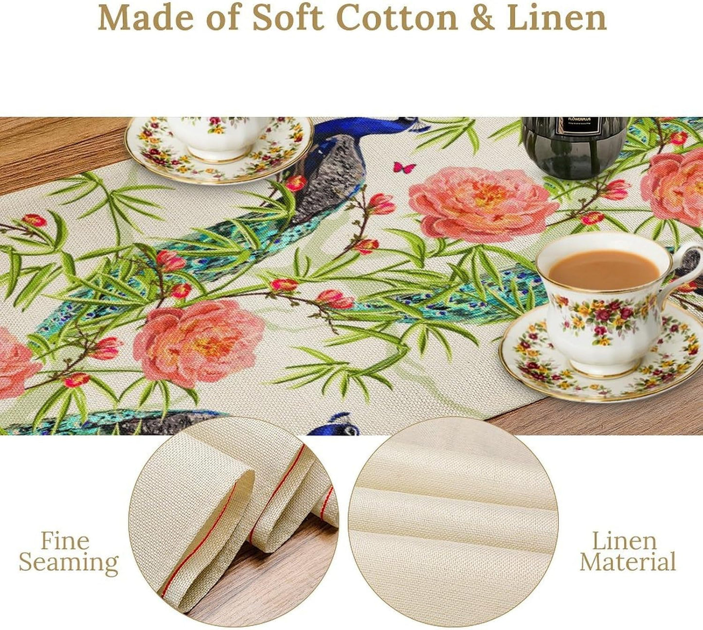 Peacock Table Runner,Seasonal Flower Plants Peacock Birds Table Runner for Home Kitchen Dining Party Indoor Outdoor Decoration 13x60 Inch