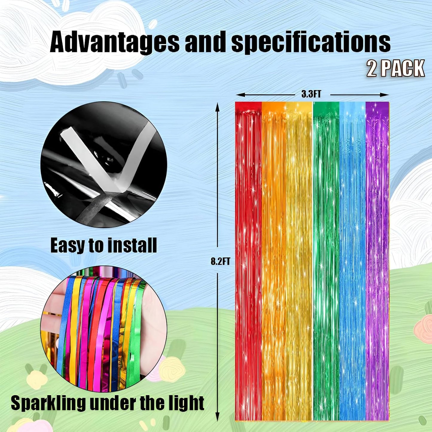 Keyali 2 Pack 3.3 * 8.3 ft Foil Curtain Metallic Tinsel Fringe Curtains Photo Booth Props Backdrop for Birthday Wedding Engagement Baby Shower Christmas Holiday Celebration Party，Rainbow