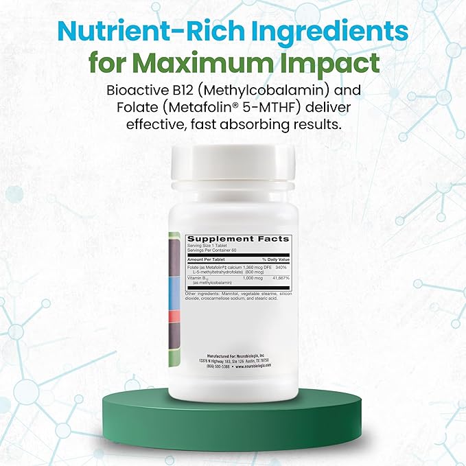 B12 Folate - Methyl Folate Supplement to Support Methylation & Vital Body Functions – With Bioavailable B12 (Methylcobalamin) & Folate (Metafolin® 5-MTHF) for Enhanced Absorption - 60 Tabs