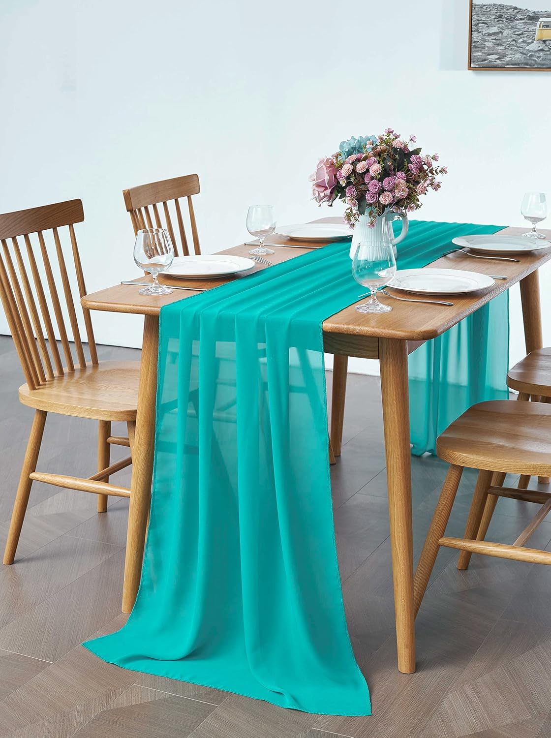 2 Pack 10Ft Turquoise Chiffon Table Runner Sheer 29x120 Inch for Romantic Wedding Decor Bridal & Baby Shower Birthday Rustic Party Decoration