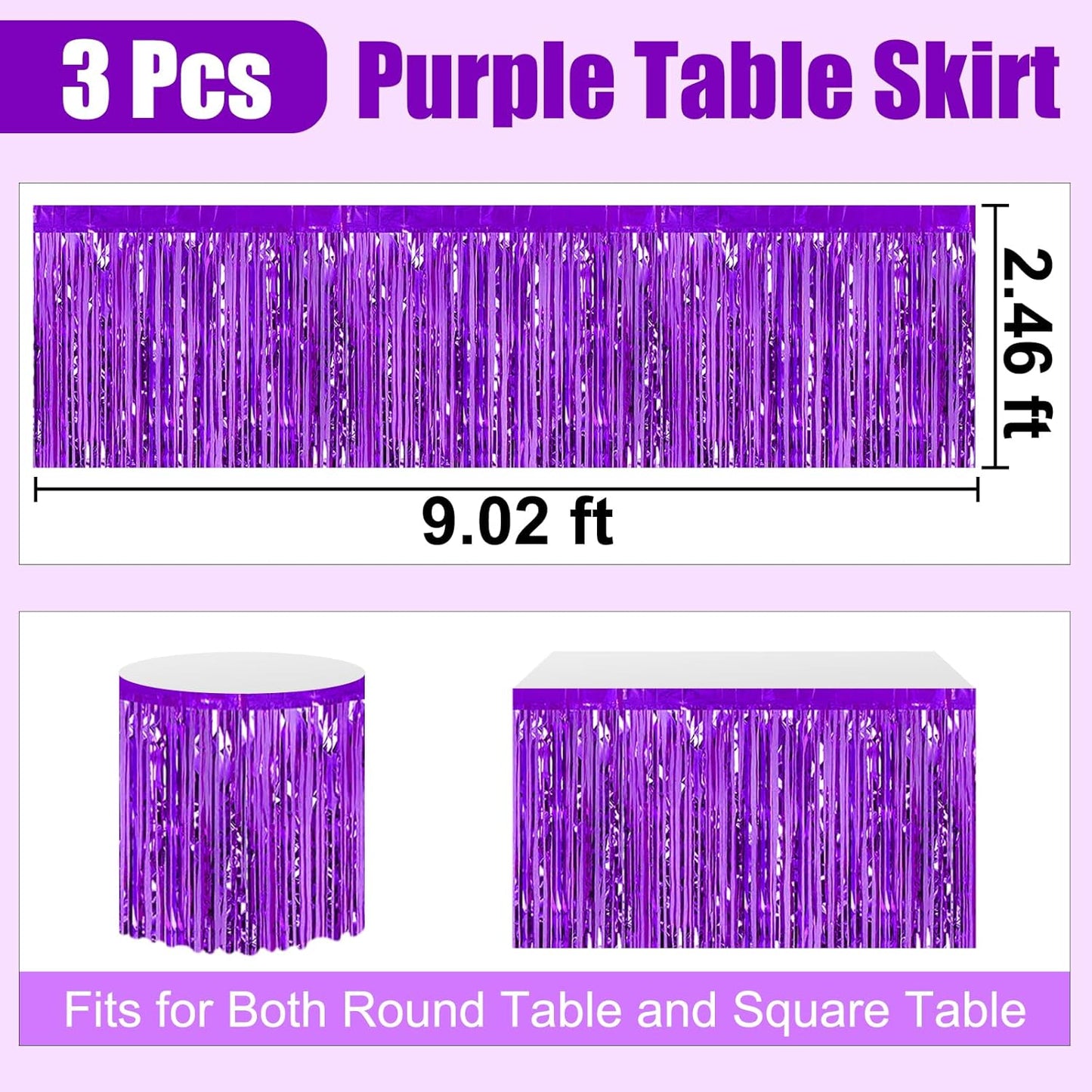 3 Pack 29 x108 Inch Purple Foil Fringe Table Skirts Metallic Banner for Tinsel Streamer Garland Backdrop for Parade Floats Wedding Thanksgiving Birthday Christmas Halloween New Year Party Decoration
