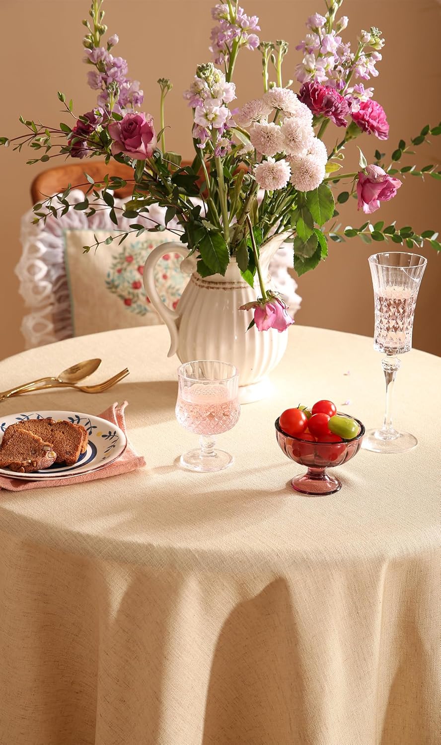 patdrea Designer Small Beige Tablecloth for Round Table,Vintage Anti-Wrinkle French Linen Tree Pattern Table Cloth,Decor Cover for Kitchen Dining Christmas,Thanksgiving,Diameter 55"-Tatiana D