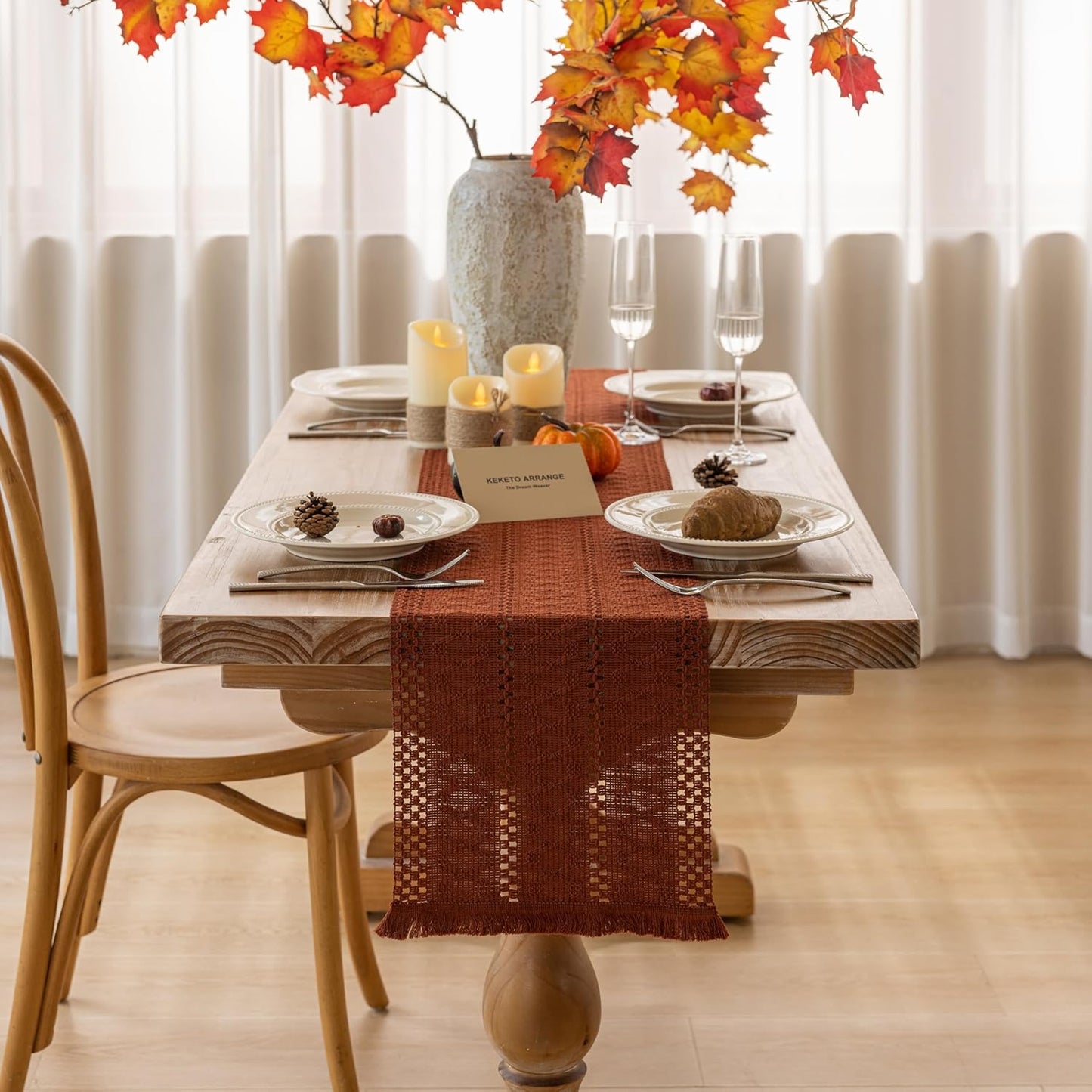 Boho Rust Table Runner for Home Decor 12x72 Inches Farmhouse Macrame Burlap Jute Rustic Dining Kitchen Centerpiece Bohemian Decor French Country Baby Bridal Shower Decorations