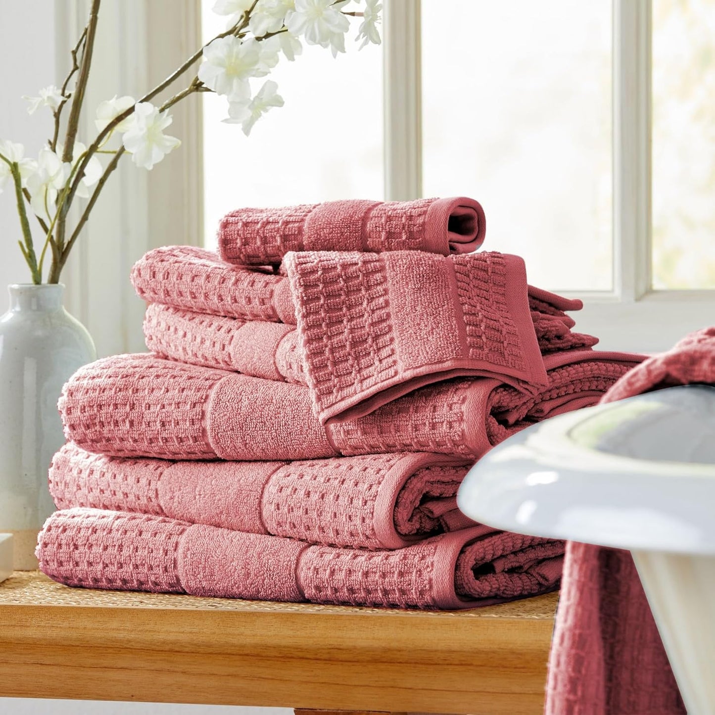 100% Cotton Super Soft Luxury Towel Set | Quick-Dry and Highly Absorbent | Waffle Textured | 550 GSM | 2 Bath Towels, 2 Hand Towels, & 2 Washcloths | Harper Collection (Rose)