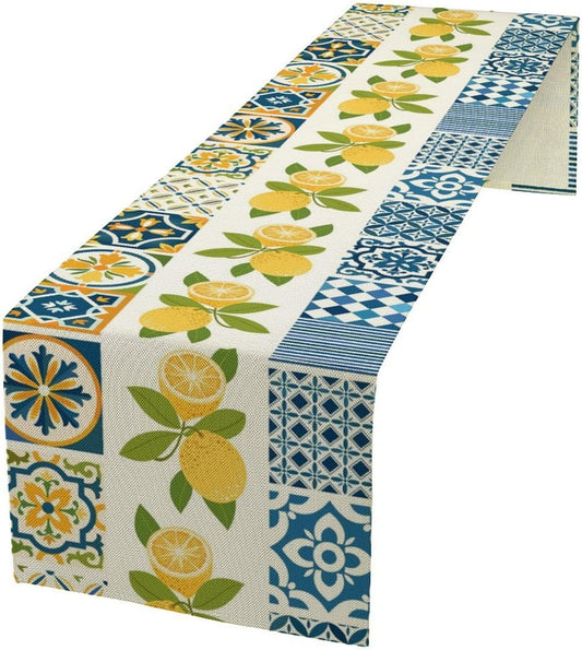 Lemon Table Runner,Watercolor Blue Fruits Green Leaves Print Table Cloth Kitchen Dining Table Home Party Decoration 13x72 Inch