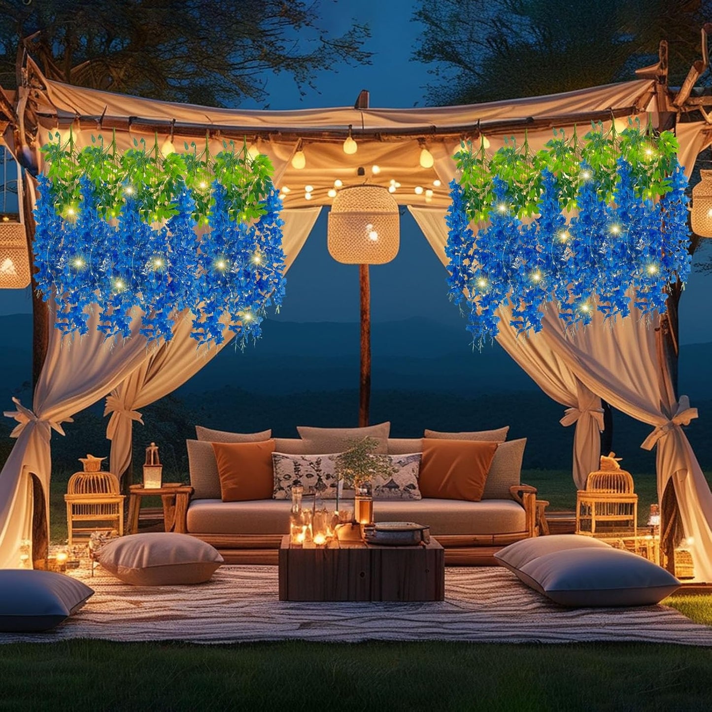 12 Pack Royal Blue Wisteria Hanging Flowers Garland with Lights, 3.44 Feet Artificial Flower Vines, Fake Wisteria, Artificial Vines Hanging Garland for Backdrop Outdoor Patio Garden Decor