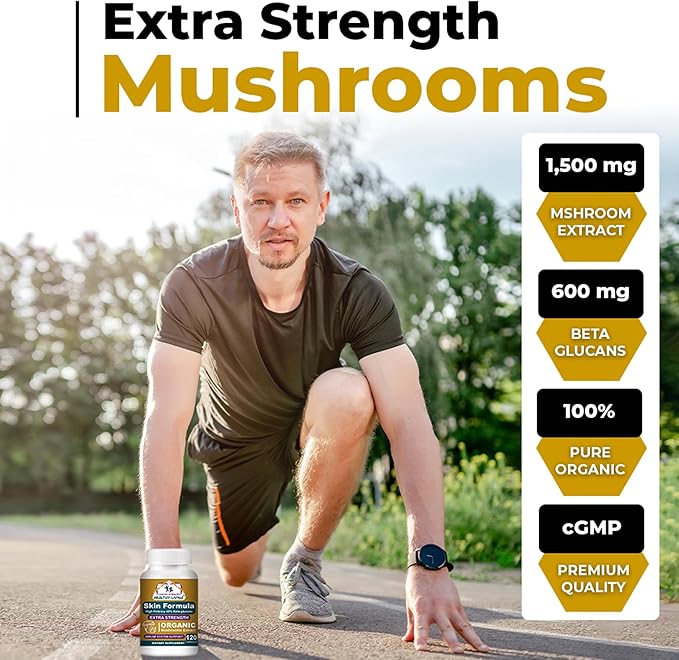 Cancer Sciences Skin Wellness Supplement, USDA Certified Organic Extract Mushrooms Supplement, Extra Strength 1,500 mg, High Potency 40% Beta-Glucans, Immune Support, Glowing Complexion, 120 Capsules