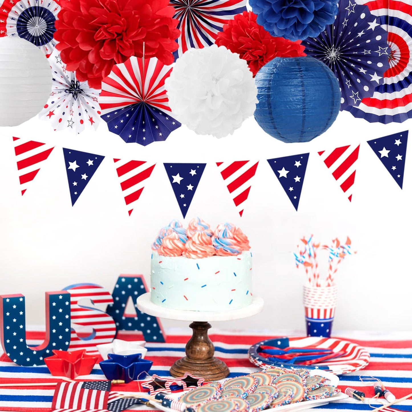 Red-White Blue Memorial-Day Patriotic Decorations - 21pcs 4th Fourth of July Paper Lanterns Fans,Tissue Pom Poms Streamers,Honeycomb Balls,USA Americana Independence Banner Decor Burgleda