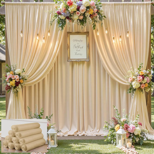 50×12 ft Wrinkle Free Beige Backdrop Curtain for Weddings Parties, 10 Panels 12ft Silky Polyester Wedding Drapes Backdrop Photo Back Drop Cloth for Birthday Baby Shower Photography Backgrounds