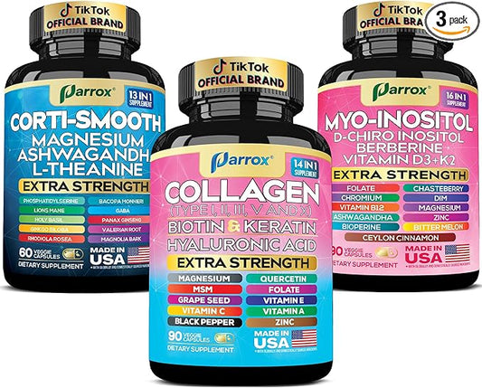 She Shines Set, Collagen Peptides Types I, II, III, V, X, Biotin, Keratin, Myo Inositol, D-Chiro Inositol, DIM, Vitex, Berberine, Cortisol Support, Magnesium, Ashwagandha, L-Theanine Lions Mane