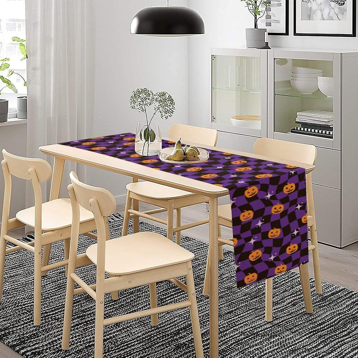 Halloween Table Runner,Purple Checkered Pumpkin Table Runner for Kitchen Dining Table Decoration Home Party Decor 13x60 Inch