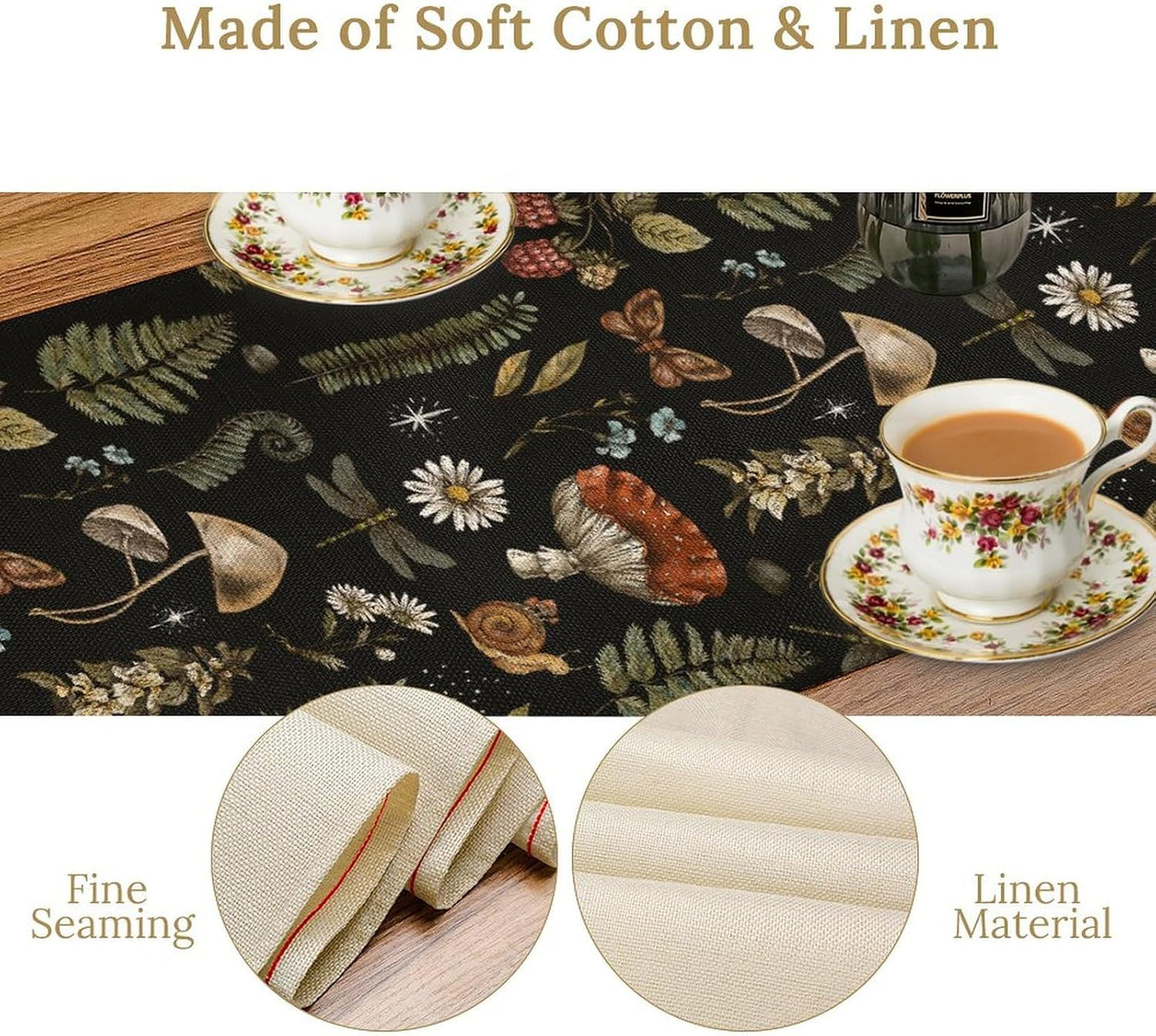 Mushroom Table Runner,Retro Forest Plant Table Runner for Kitchen Dining Table Home Party Decoration 13x90 Inch