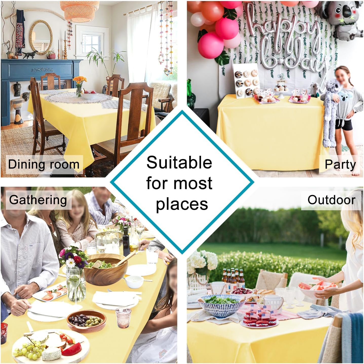 Hiasan Waterproof Tablecloth Rectangle - Washable Fabric Table Cloth for Dining Room Kitchen Birthday Party and Outdoor Use, Light Yellow, 70 x 120 Inch