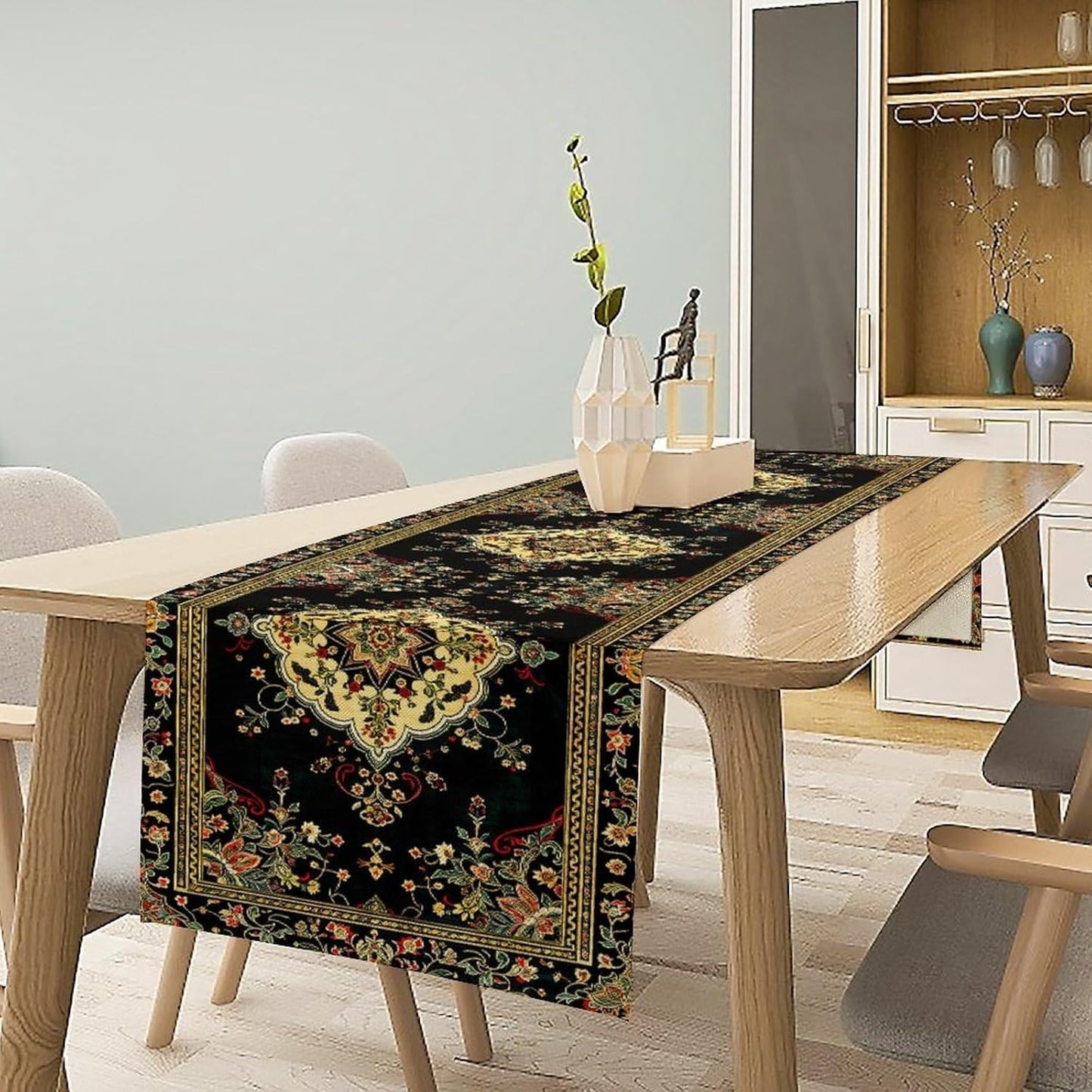 Colorful Boho Flower Table Runner, Vintage Rustic Farmhouse Paisley Hand Drawing Print Pattern for Home Kitchen Table Decor Dining Coffee Room Garden Party Decor 13x60in