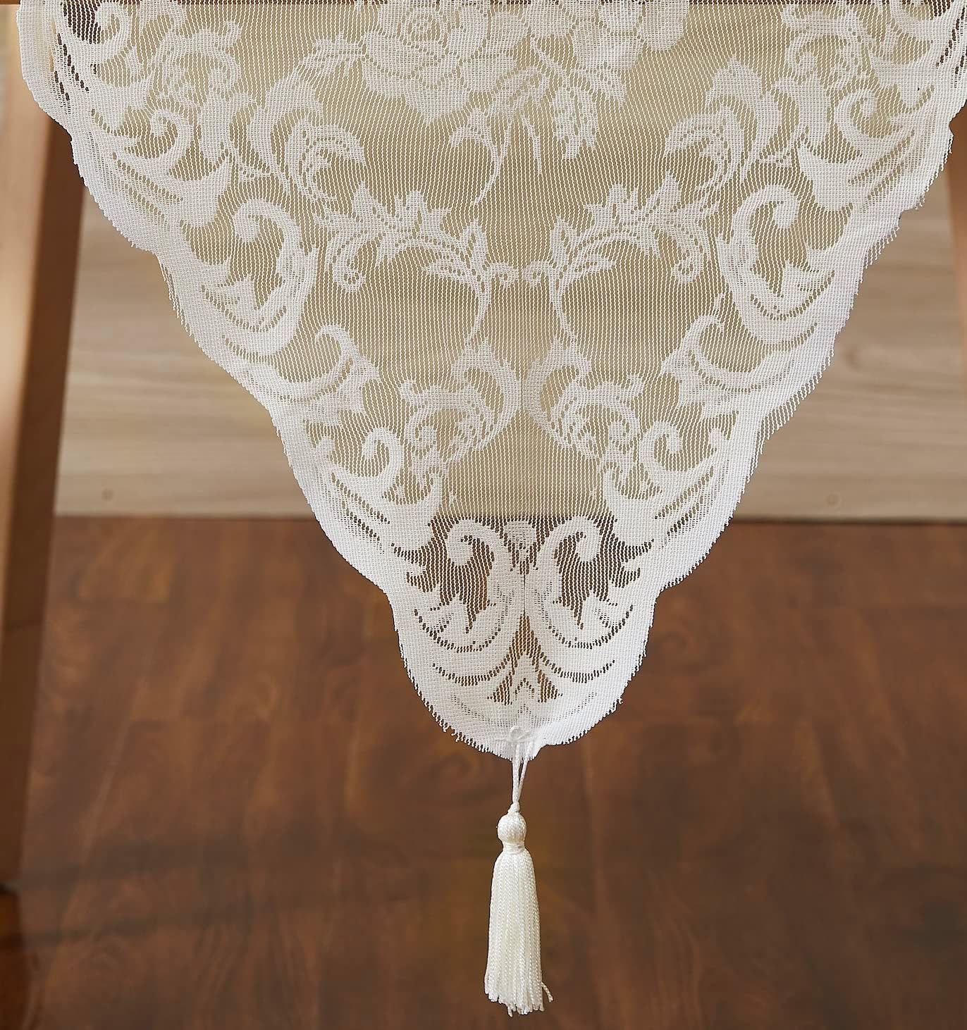 LinenZone Ivory Table Runner with 2 Tassels for Rustic Vintage Decor. Lace Table Runner Works Great As Wedding, Thanksgiving or Christmas Table Decor (Mia 14 x 72, Ivory)