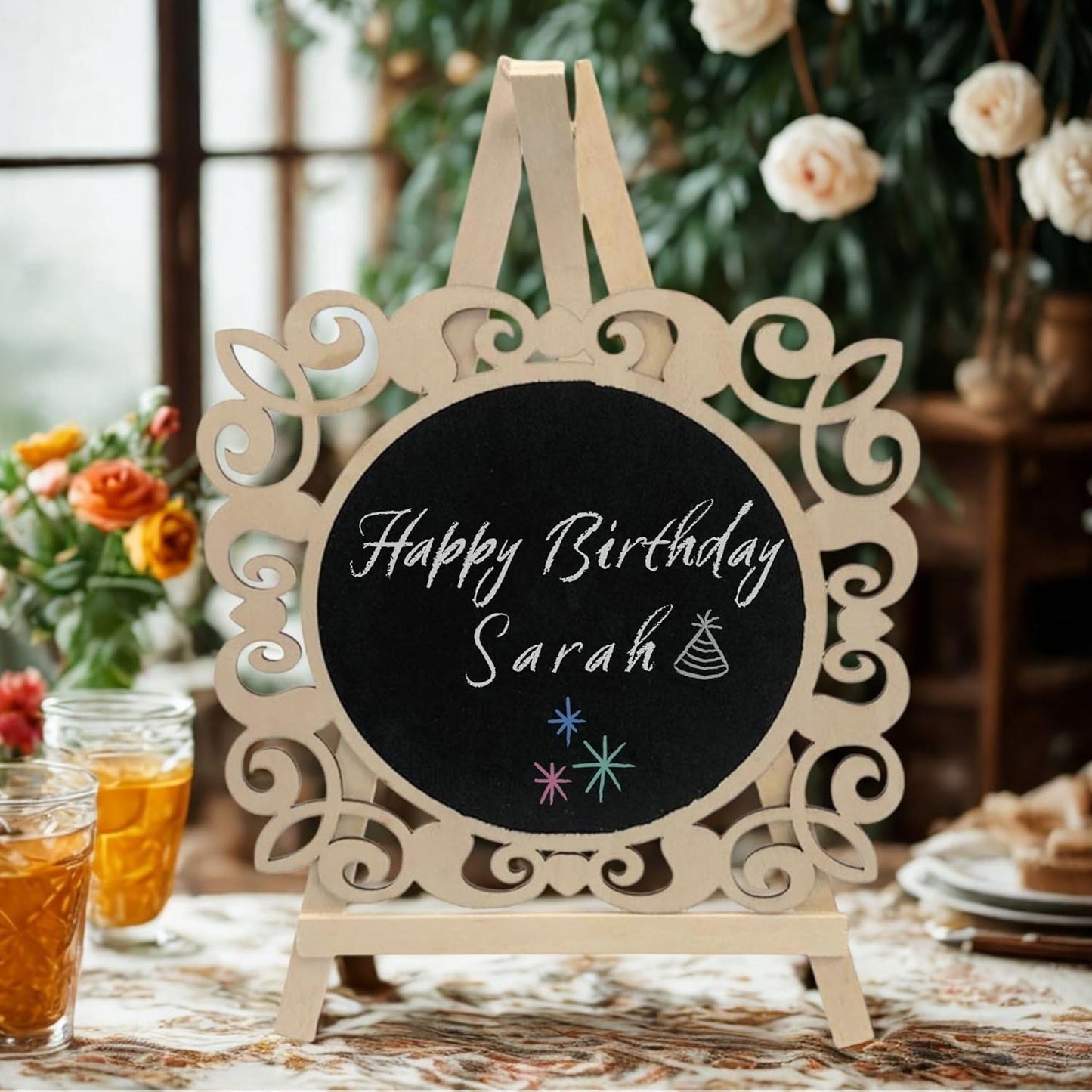 Round Chalkboard Signs Easel with Wood Framed Swirly Design, Includes 1 Chalk Stick, Size: 10" x 7" Wooden Blackboard, Perfect for Home Decor & Events Decoration
